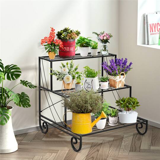 Costway Black 3-Tier Metal Flower & Plant Display Stand
